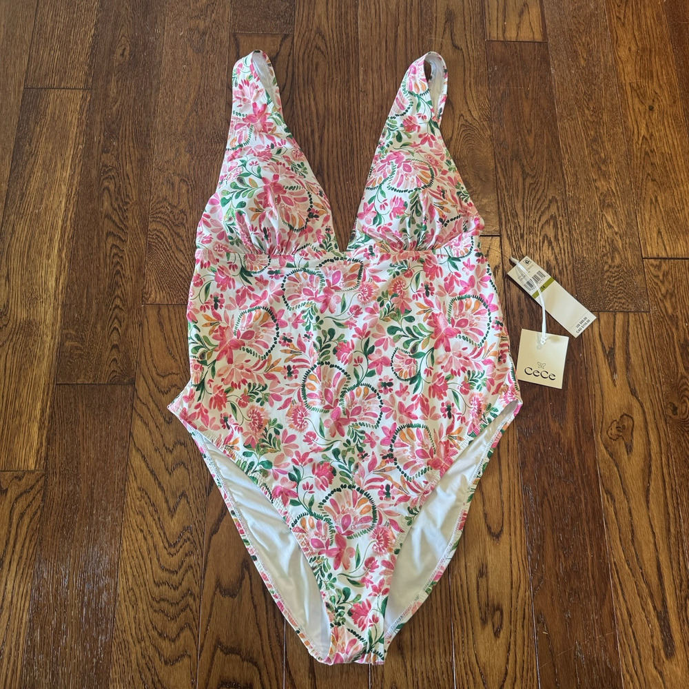Cece One piece Swimsuit Women's 14 Floral Pink Romantic Rouching Feminine Plunge